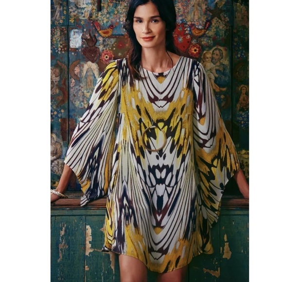Leifdottir Anthropologie Sarita Silk Feathers Print Swing Dress - Picture 1 of 10